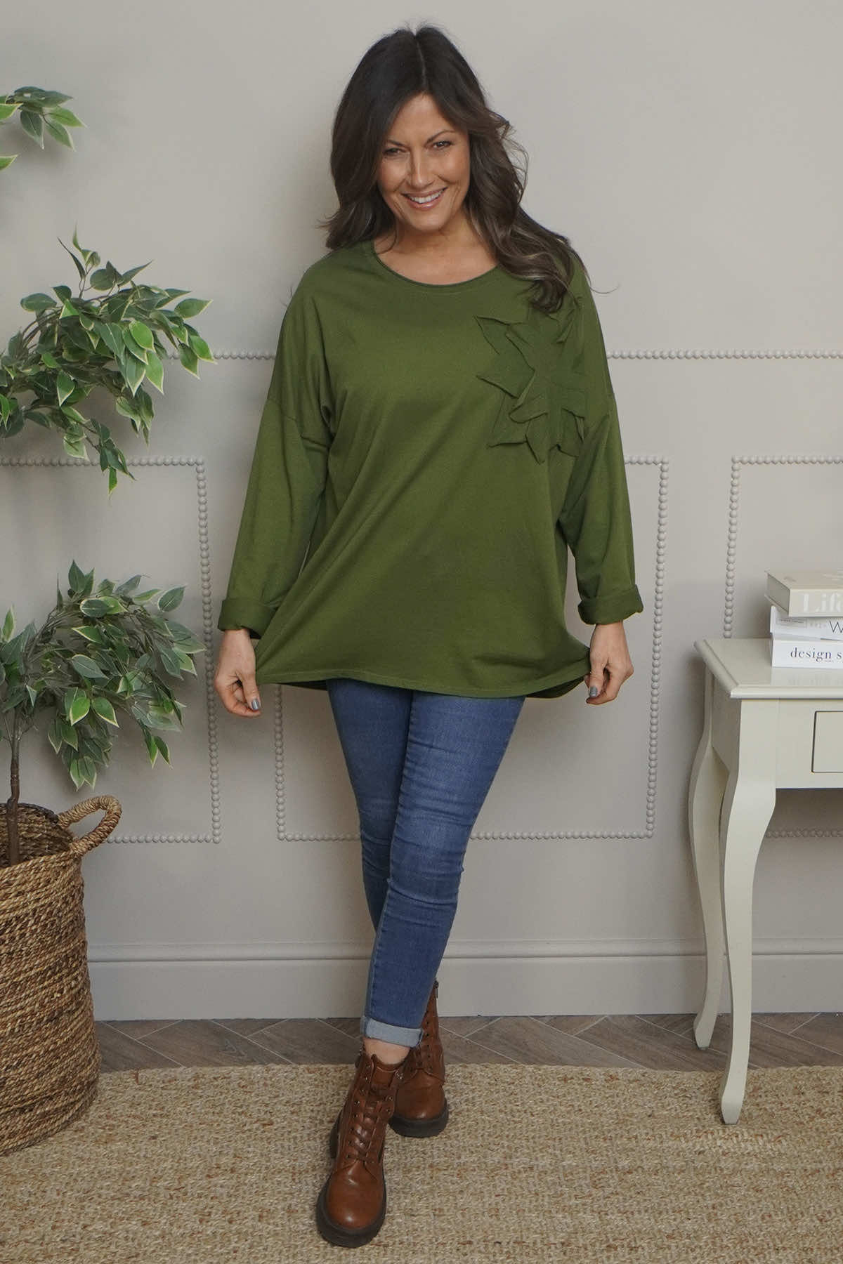 Kaila Flower Patch Cotton Top Olive