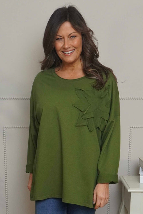 Kaila Flower Patch Cotton Top Olive - Image 1