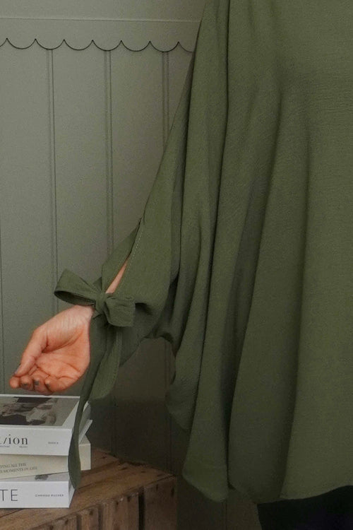 Anette Tie Sleeve Top Khaki - Image 3