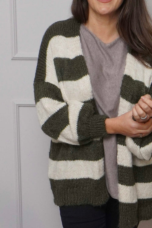 Kennedy Stripe Knitted Cardigan Khaki - Image 3