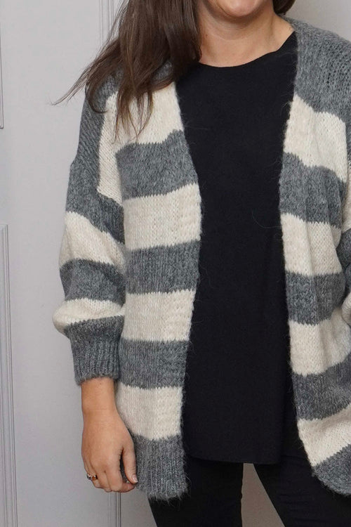 Kennedy Stripe Knitted Cardigan Mid Grey - Image 3
