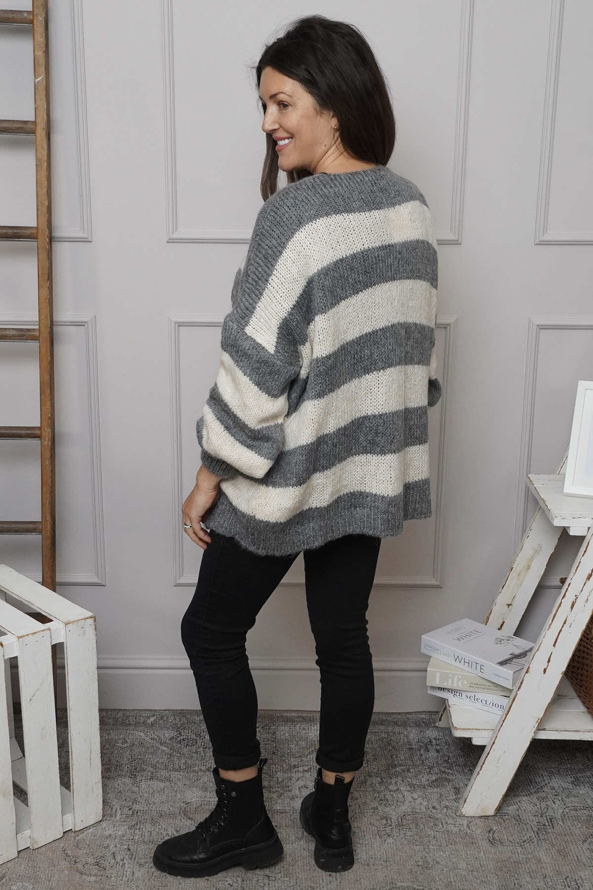 Kennedy Stripe Knitted Cardigan Mid Grey