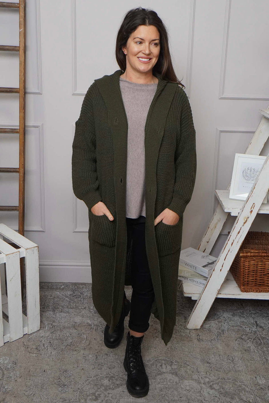 Alison Hooded Knitted Jacket Khaki