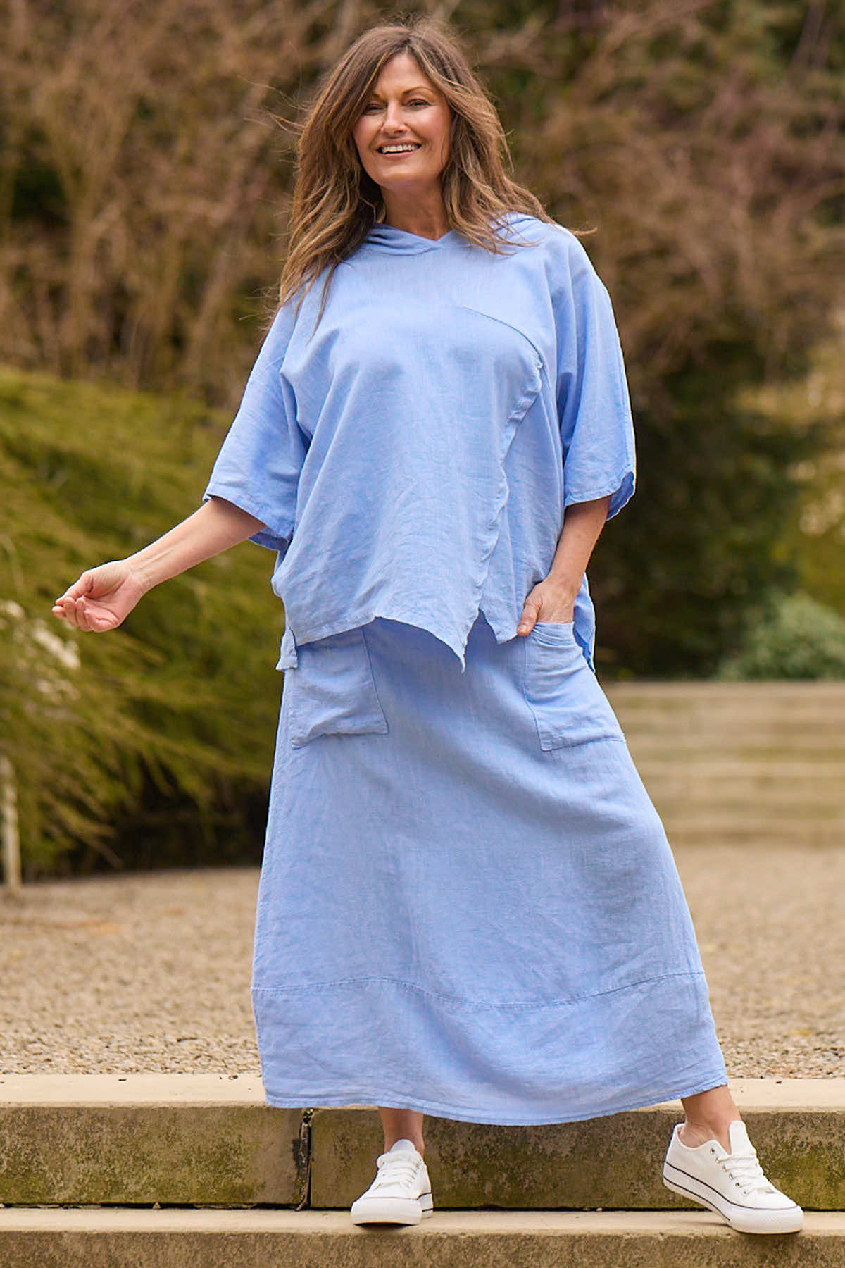 Annalee Hooded Linen Top Powder Blue