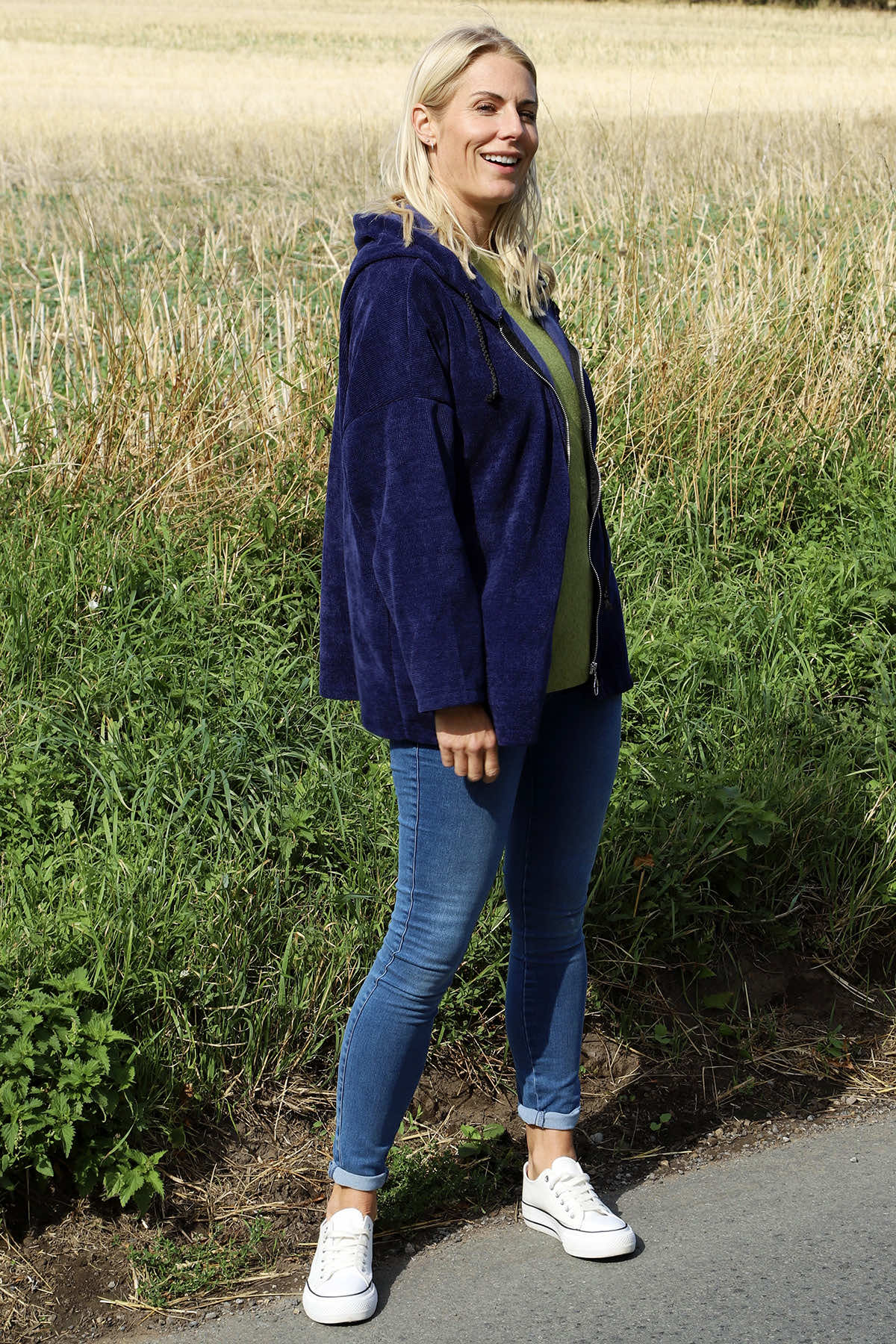 Verys Cord Zip Hooded Jacket Navy