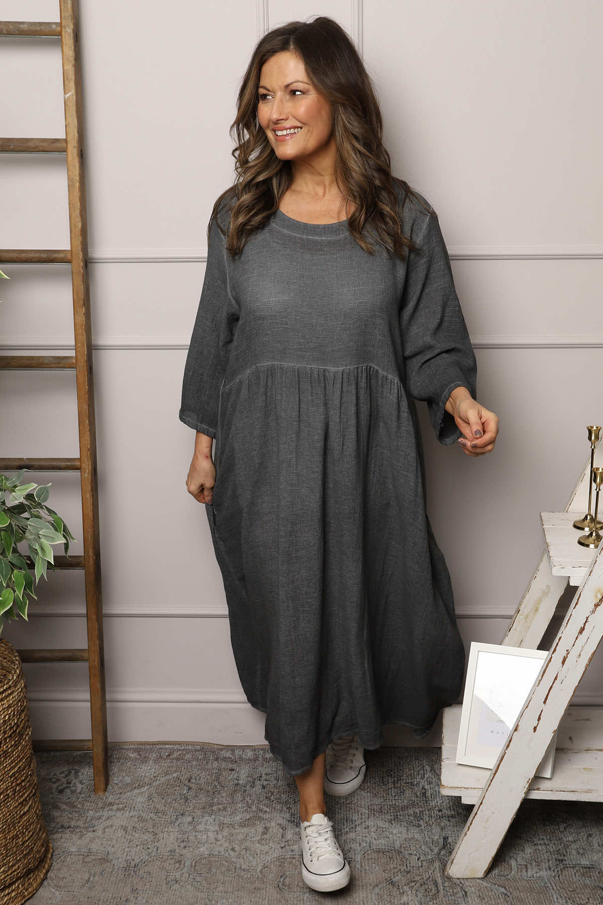 Linette Washed Linen Dress Charcoal