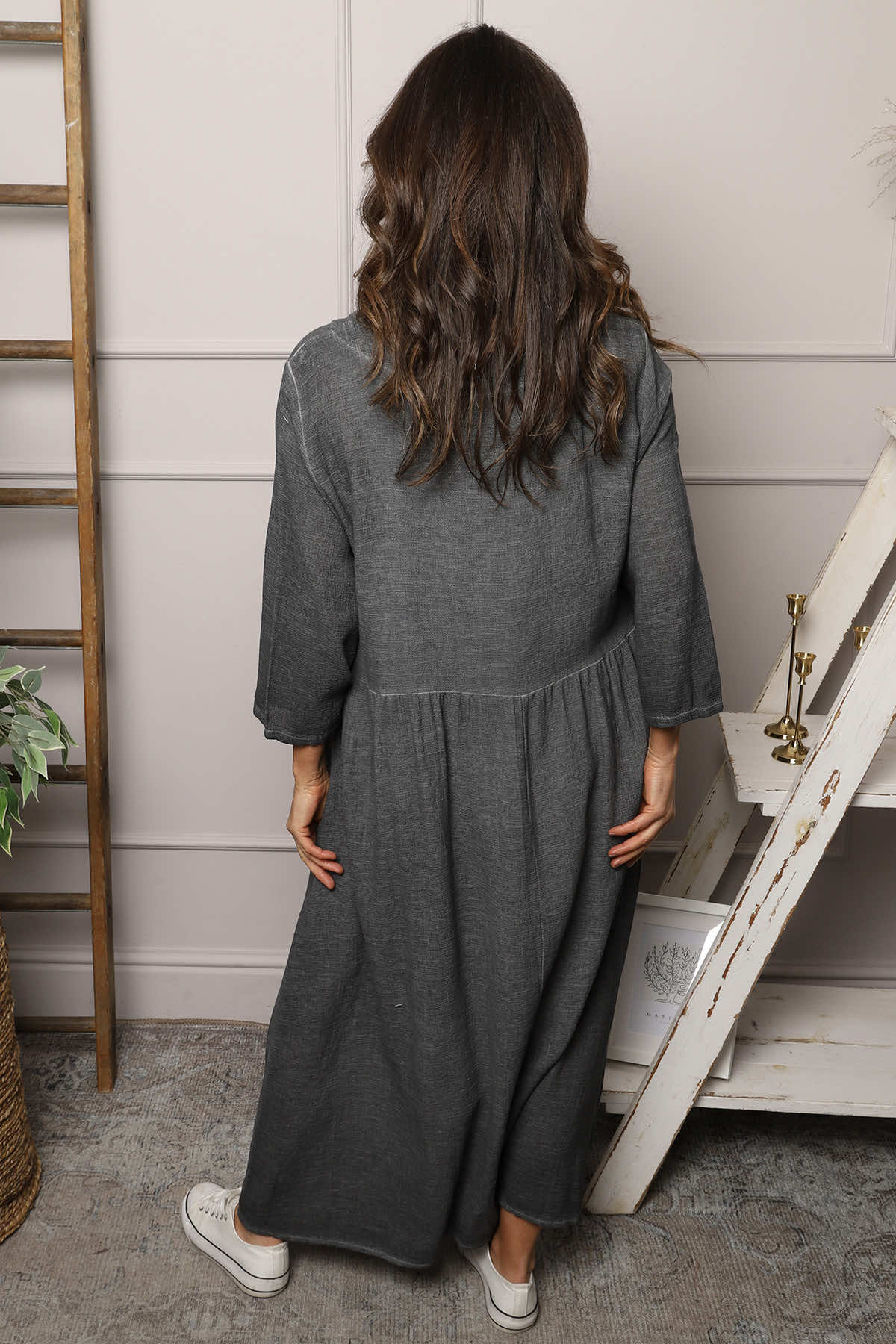 Linette Washed Linen Dress Charcoal