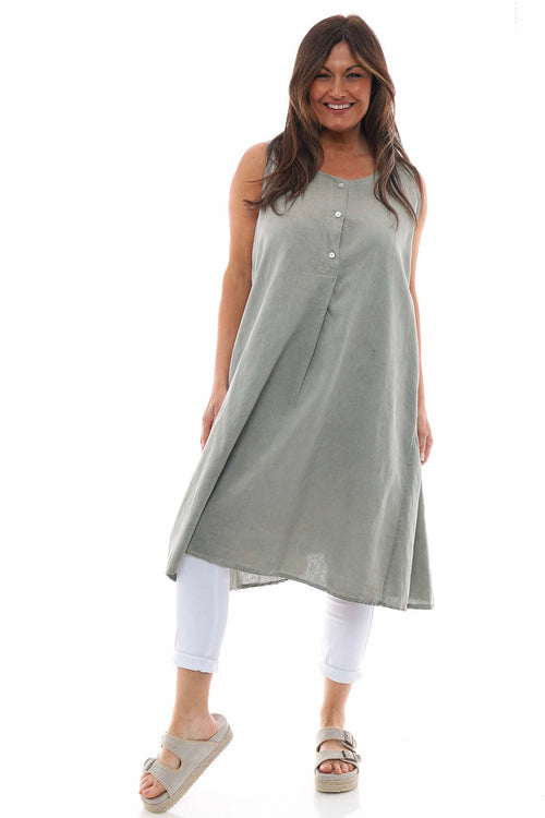 Arletta Washed Sleeveless Linen Dress Khaki - Image 1