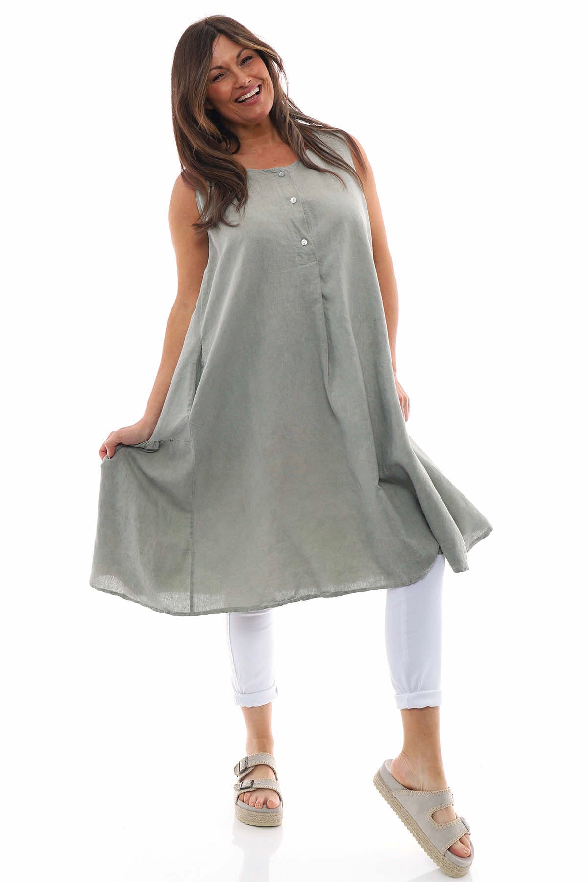 Arletta Washed Sleeveless Linen Dress Khaki
