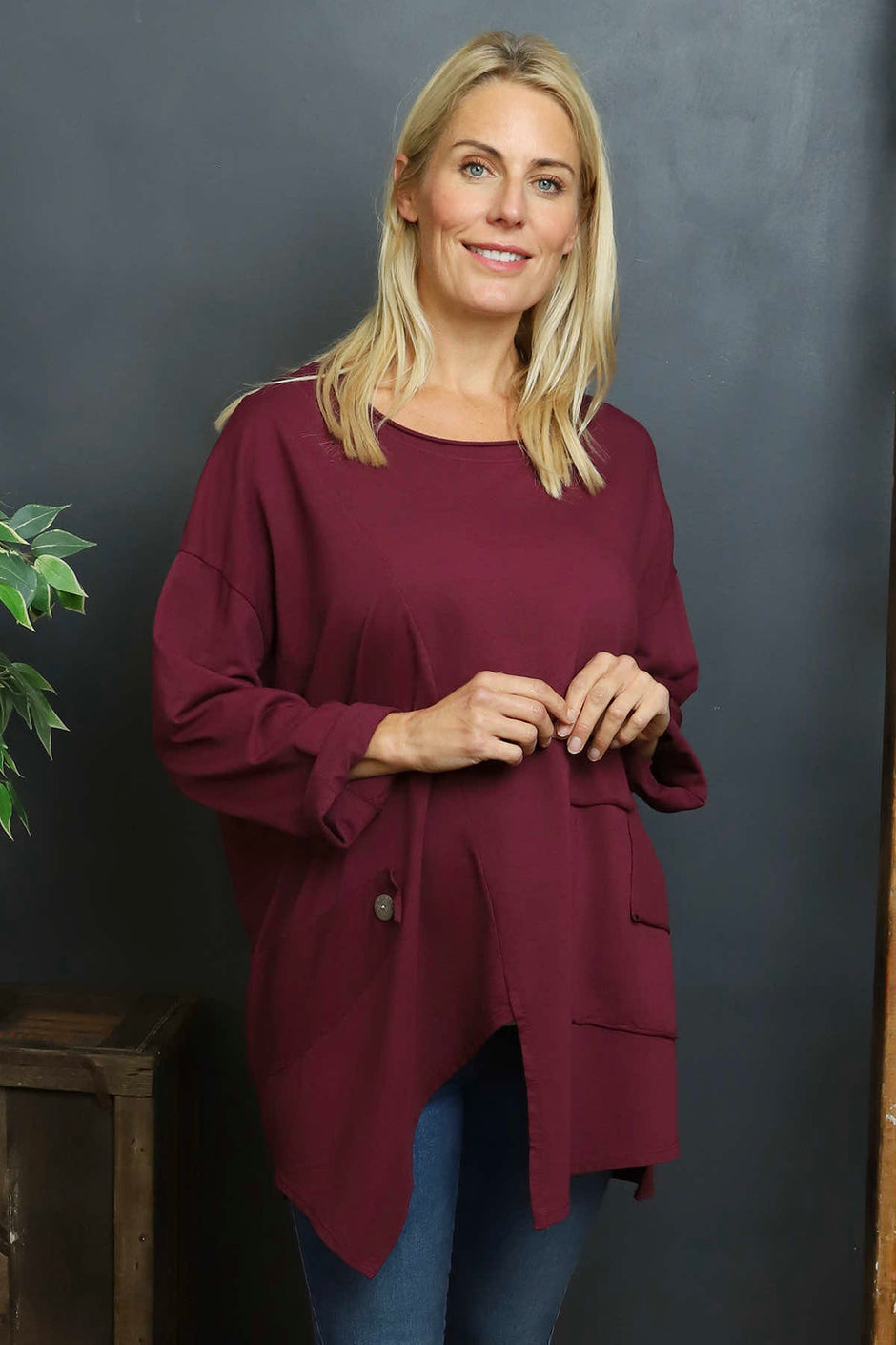 Kelilah Pocket Cotton Top Burgundy