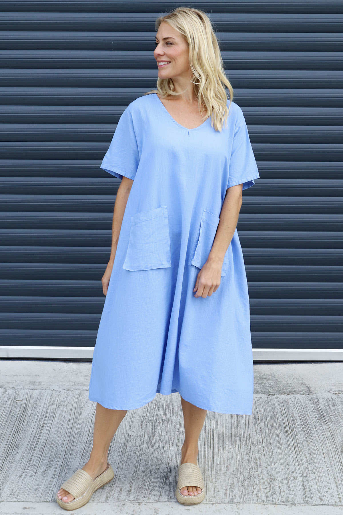 Solange Pocket Linen Dress Powder Blue