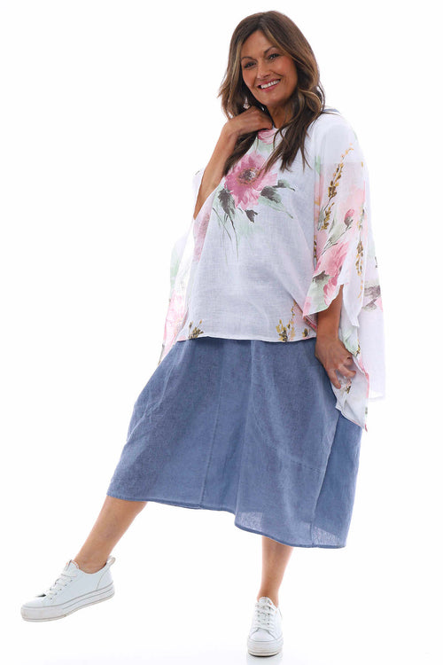 Melina Floral Batwing Linen Top White - Image 2