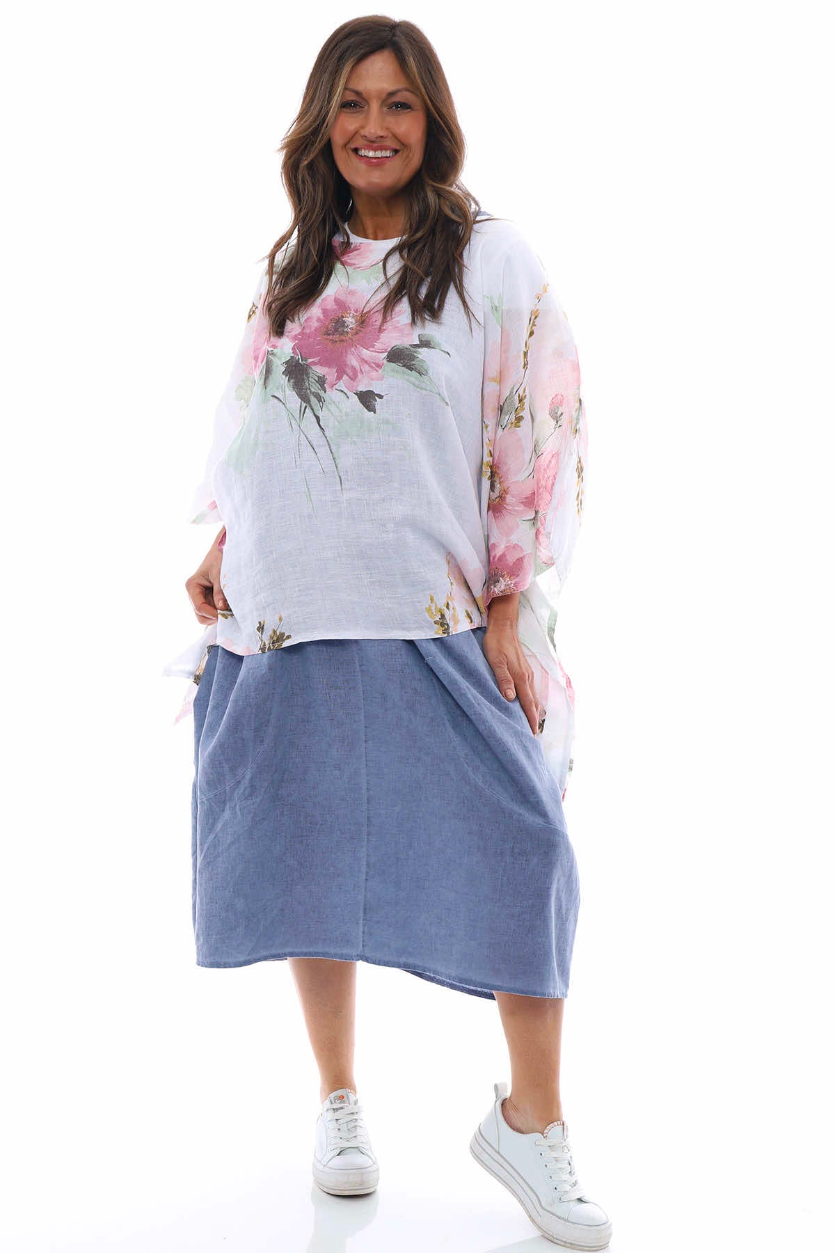 Melina Floral Batwing Linen Top White