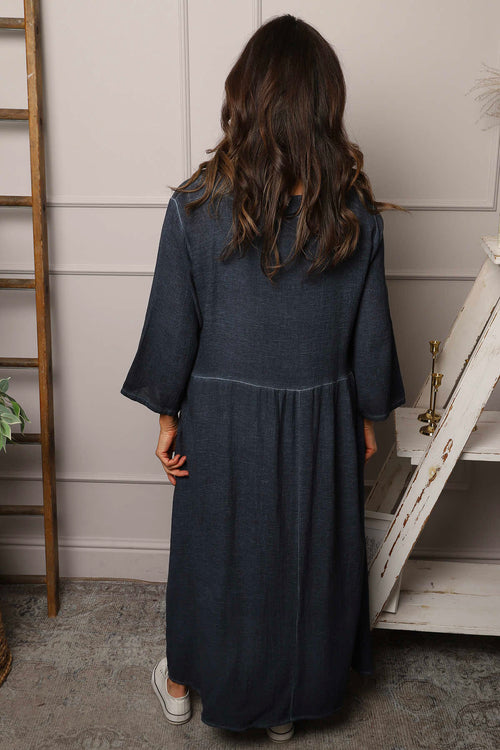Linette Washed Linen Dress Navy - Image 4