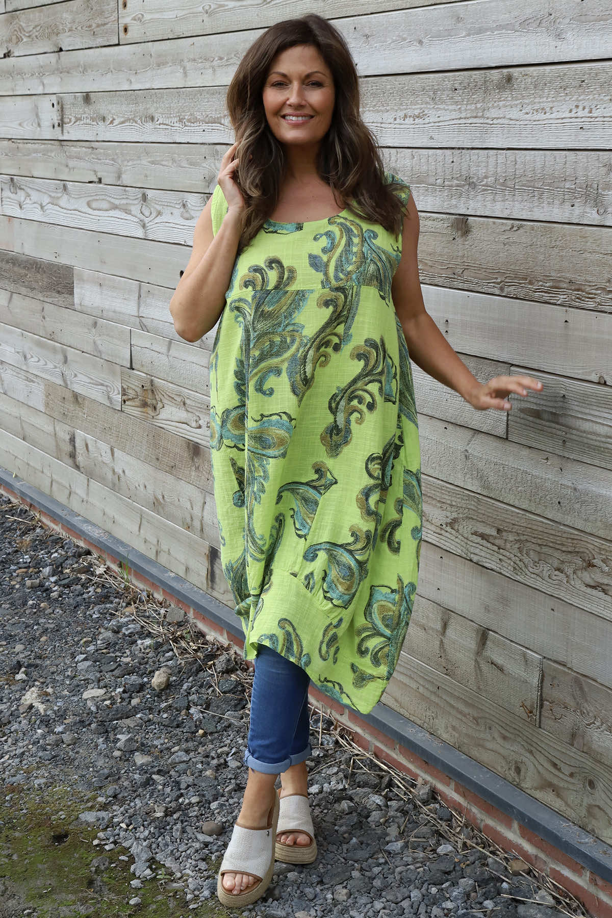 Carrie Sleeveless Pattern Cotton Dress Lime