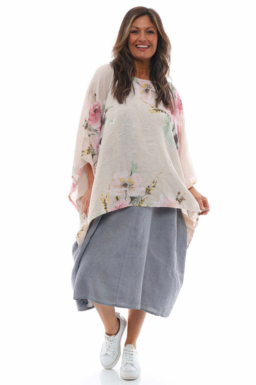 Melina Floral Batwing Linen Top Stone - Image 2
