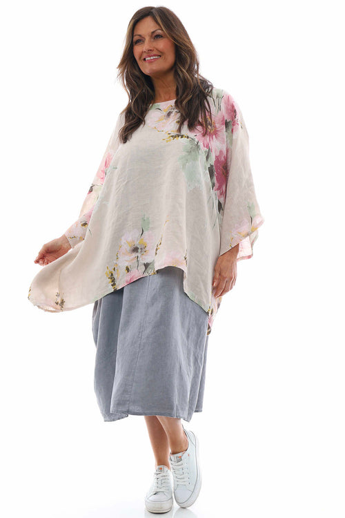 Melina Floral Batwing Linen Top Stone - Image 5