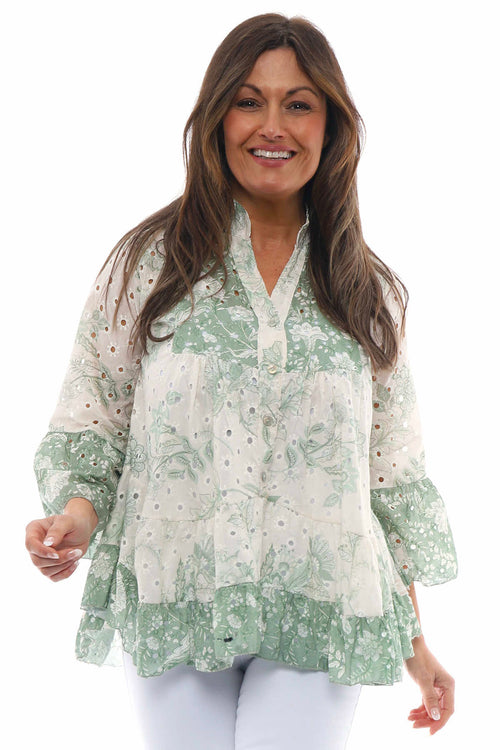 Nalina Broderie Anglaise Button Top Sage Green - Image 1