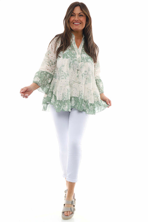 Nalina Broderie Anglaise Button Top Sage Green - Image 3