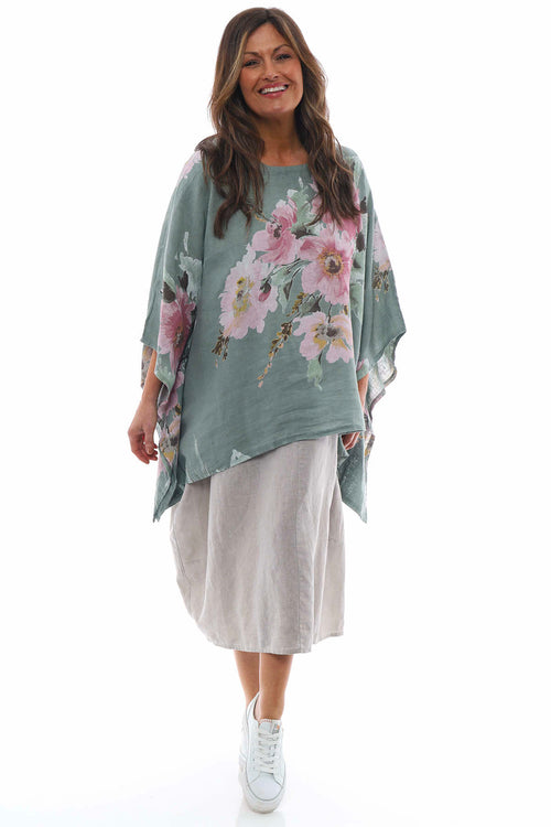 Melina Floral Batwing Linen Top Khaki - Image 3