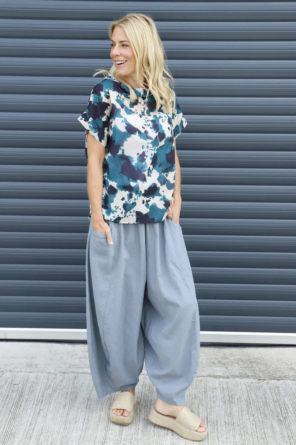 Nancy Print Cowl Neck Top Teal