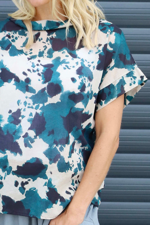 Nancy Print Cowl Neck Top Teal - Image 3