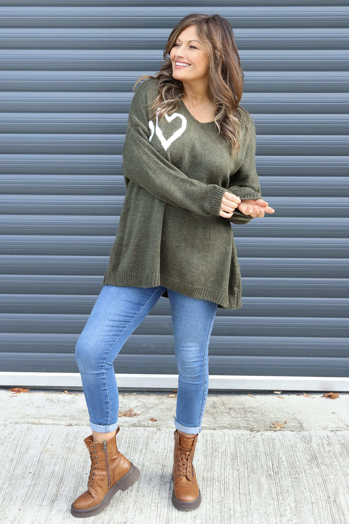 Janelle Heart Knitted Jumper Khaki