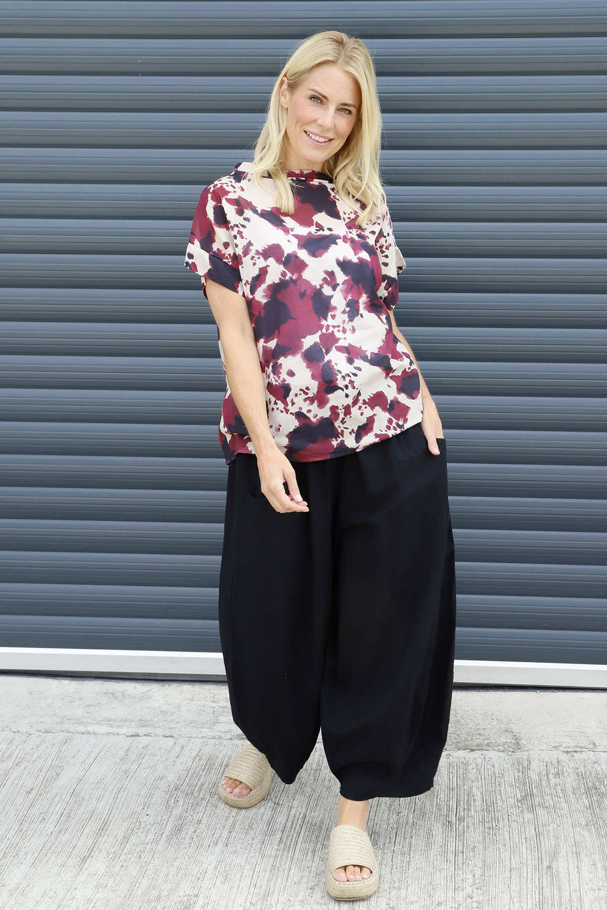 Nancy Print Cowl Neck Top Burgundy