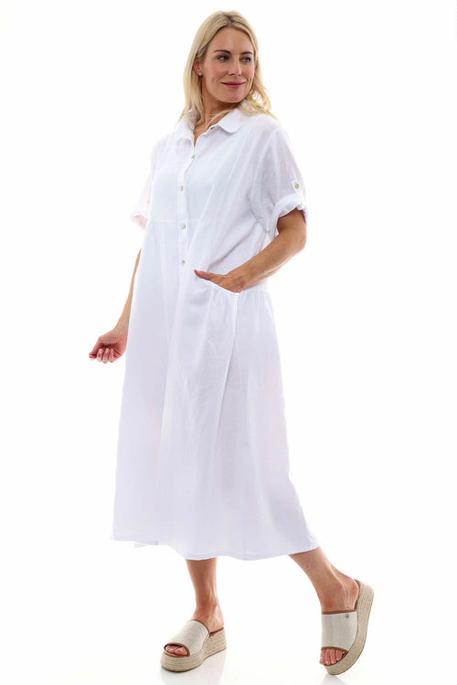 Astoria Washed Button Linen Dress White