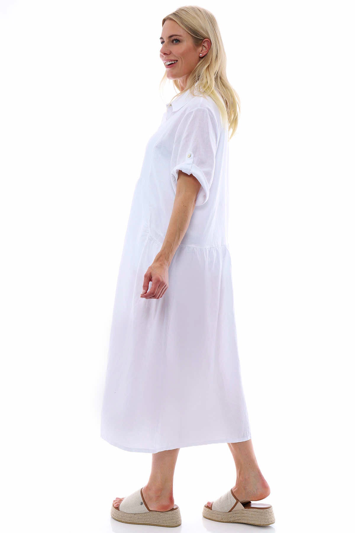 Astoria Washed Button Linen Dress White