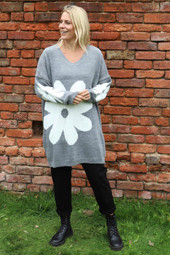 Joan Flower Knitted Jumper Mid Grey