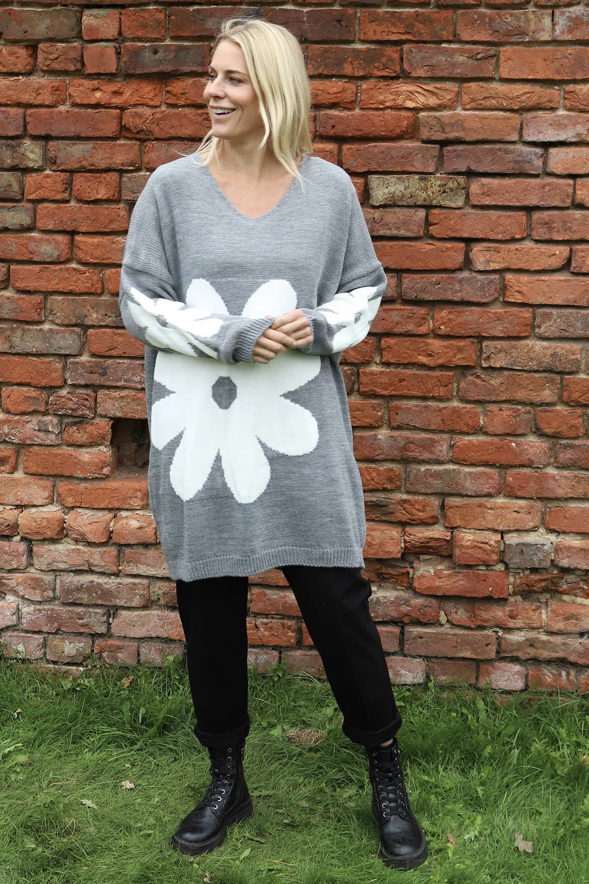 Joan Flower Knitted Jumper Mid Grey