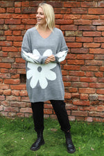 Joan Flower Knitted Jumper Mid Grey Mid Grey - Joan Flower Knitted Jumper Mid Grey