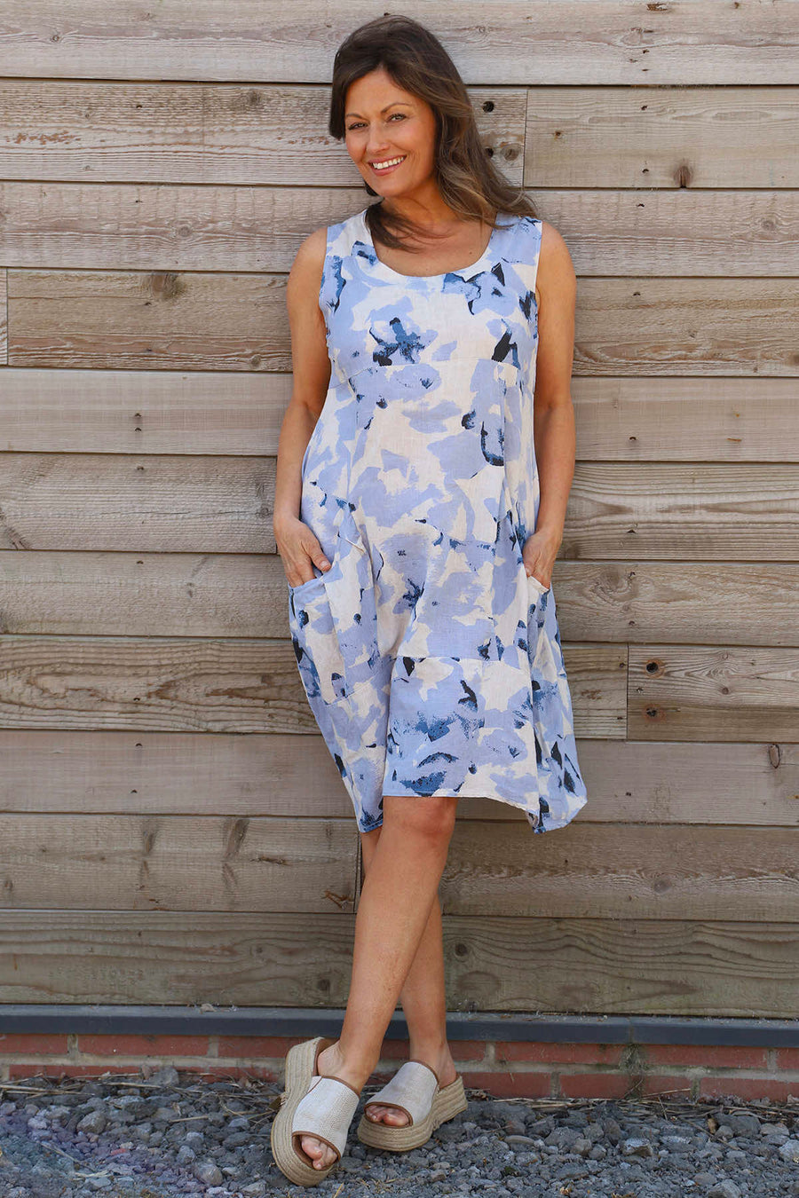 Aisha Sleeveless Print Linen Dress Stone