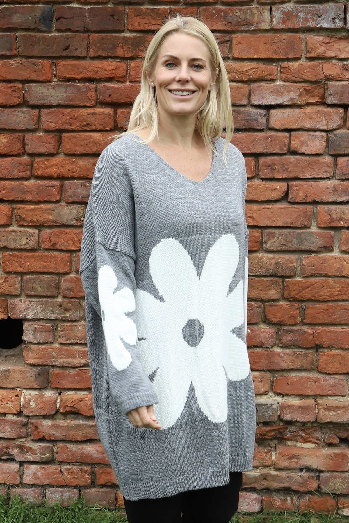 Joan Flower Knitted Jumper Mid Grey