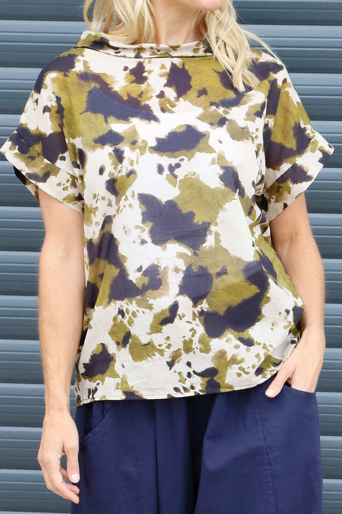 Nancy Print Cowl Neck Top Olive - Image 3