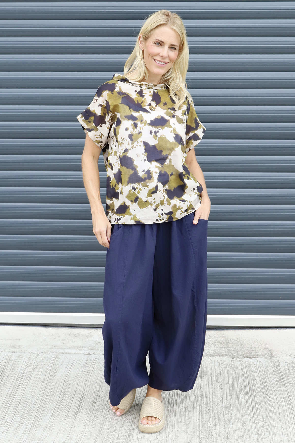 Nancy Print Cowl Neck Top Olive