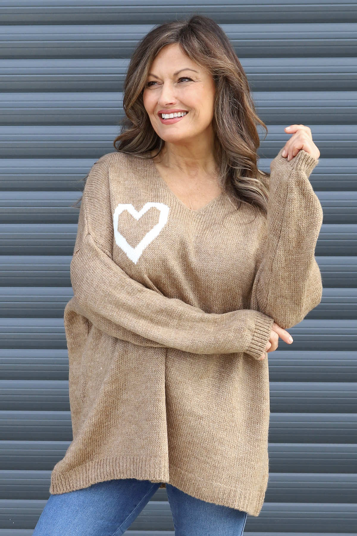 Janelle Heart Knitted Jumper Camel