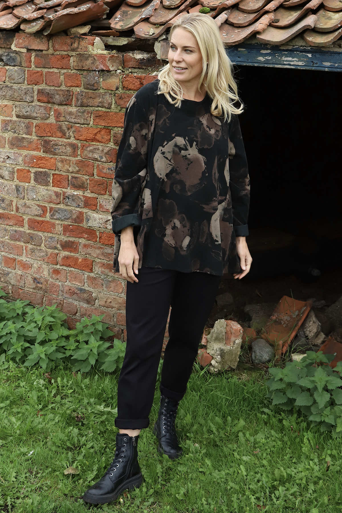 Rachel Print Needlecord Top Black