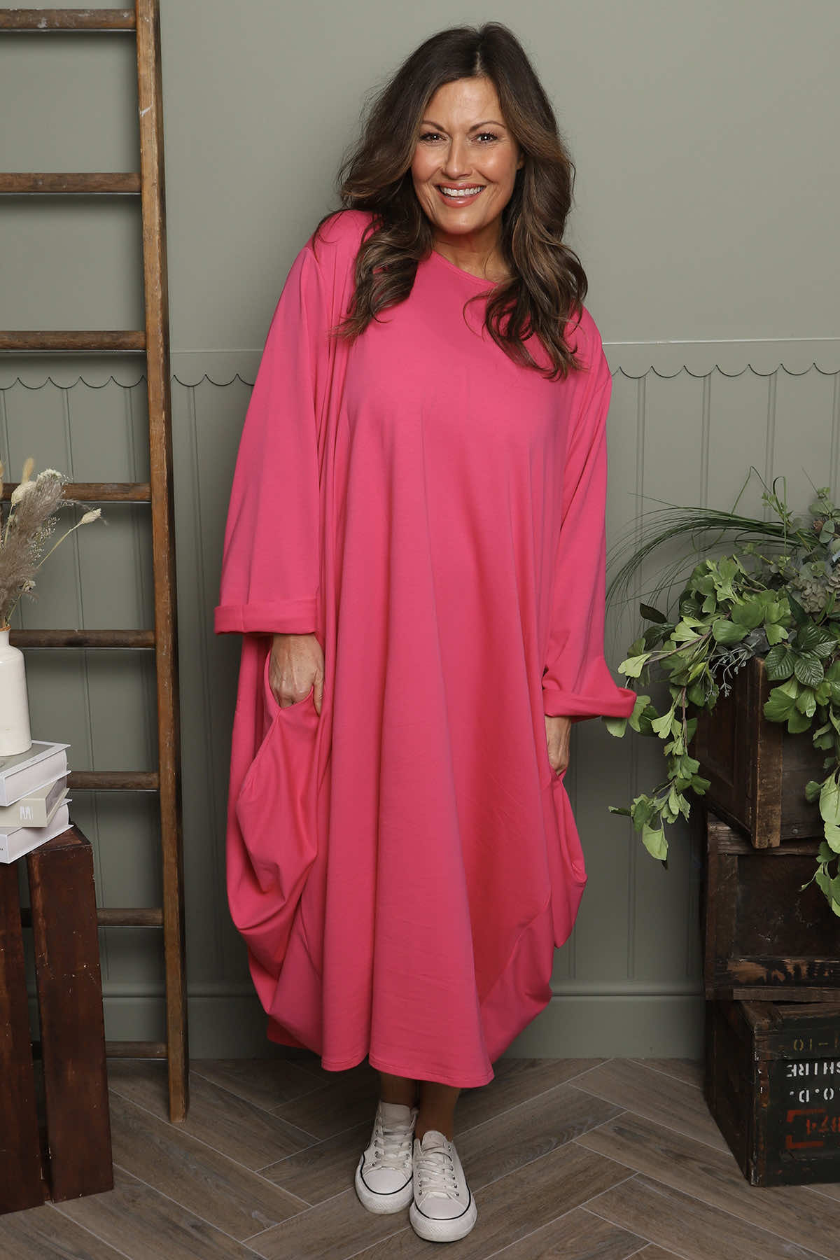 Brianne Long Sleeve Cotton Dress Fuchsia