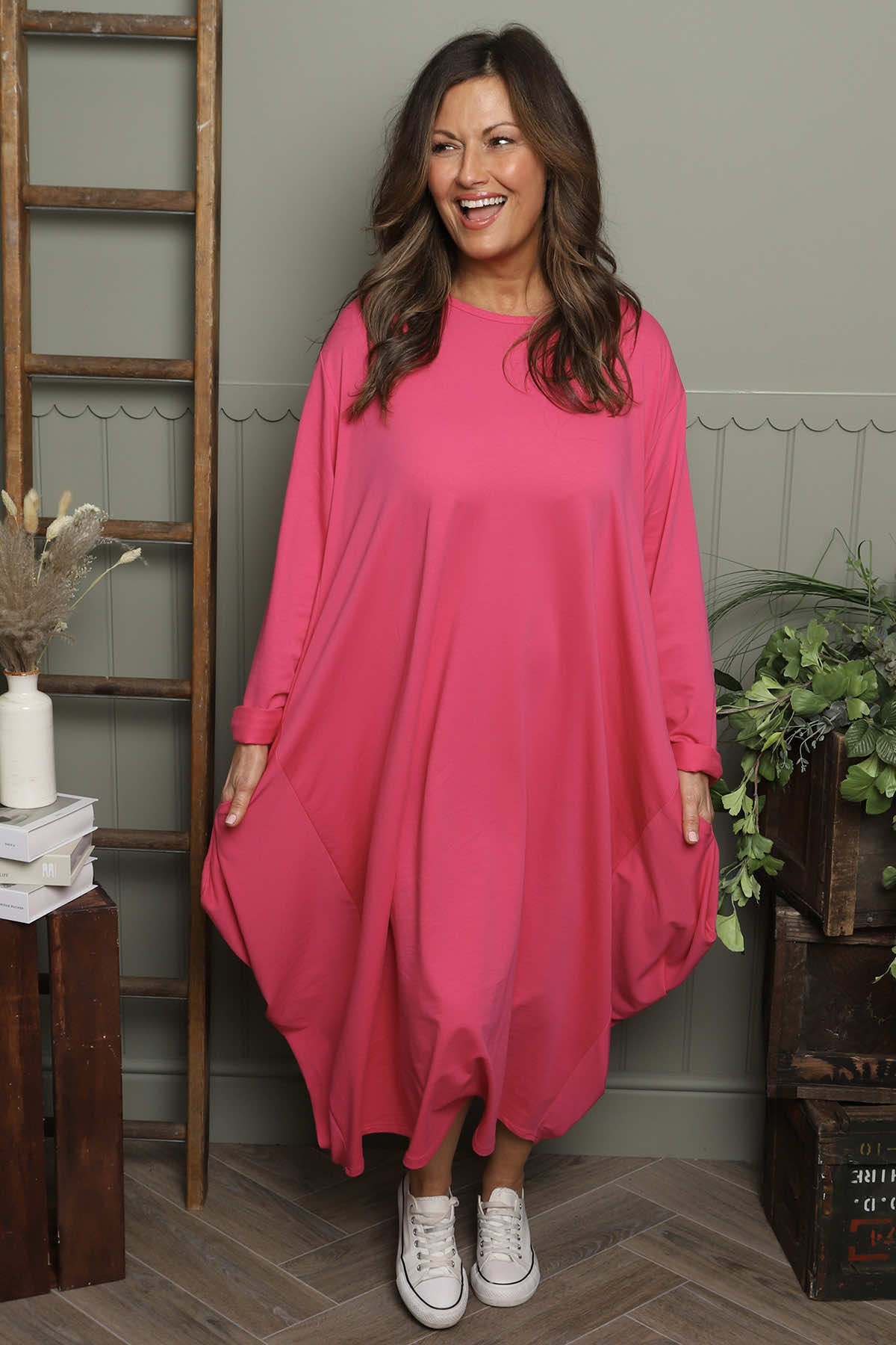 Brianne Long Sleeve Cotton Dress Fuchsia