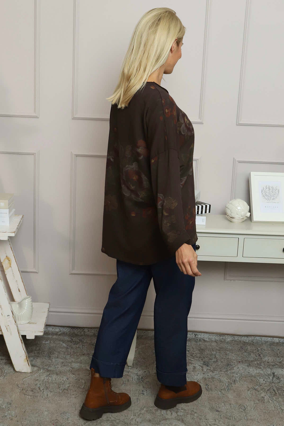 Carola Print Cotton Top Cocoa