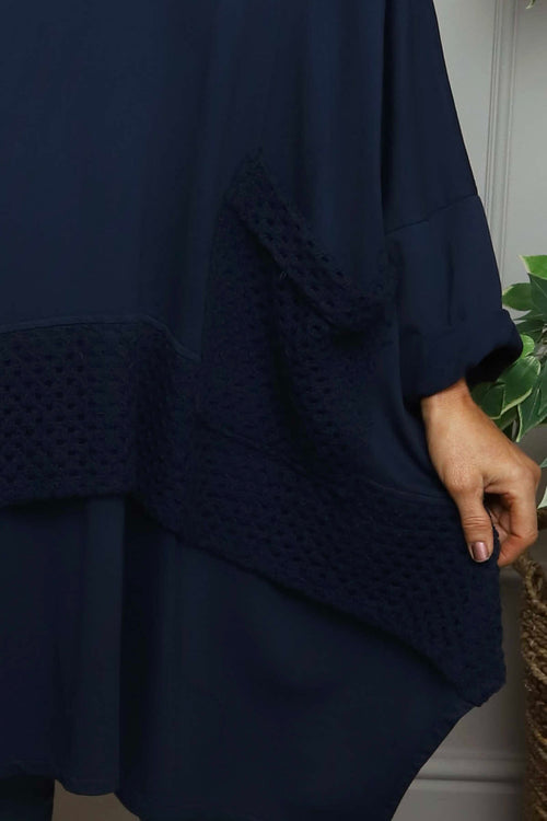 Mozelle Crochet Detail Cotton Top Navy - Image 3