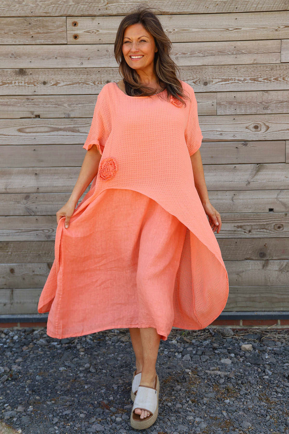 Lulworth Layered Rosette Linen Dress Orange