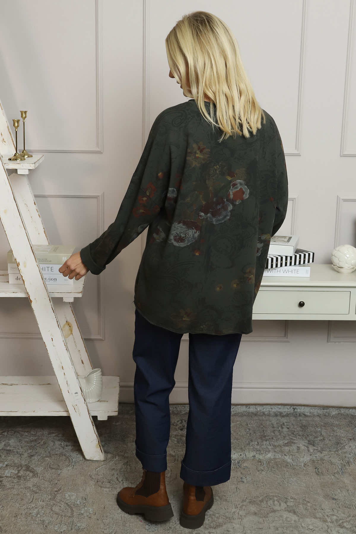 Carola Print Cotton Top Charcoal