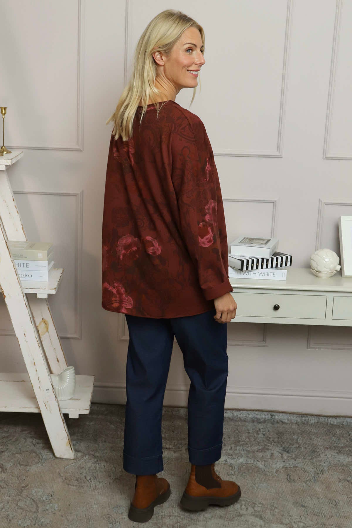 Carola Print Cotton Top Wine