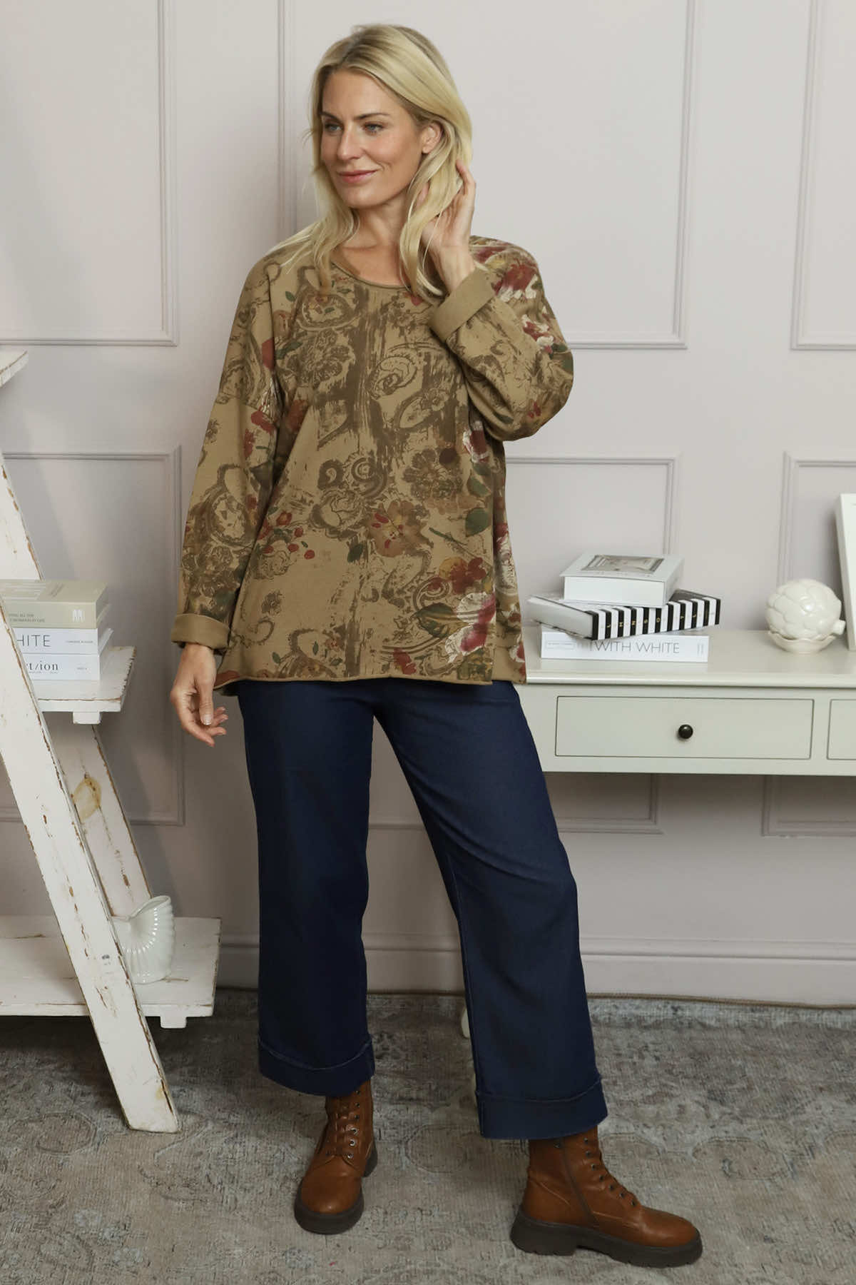 Carola Print Cotton Top Camel