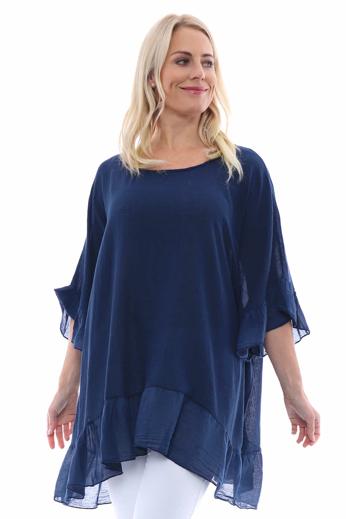 Cheyenne Frill Crinkle Cotton Top Navy