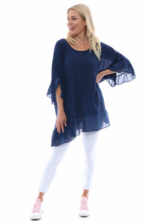 Cheyenne Frill Crinkle Cotton Top Navy - Image 1