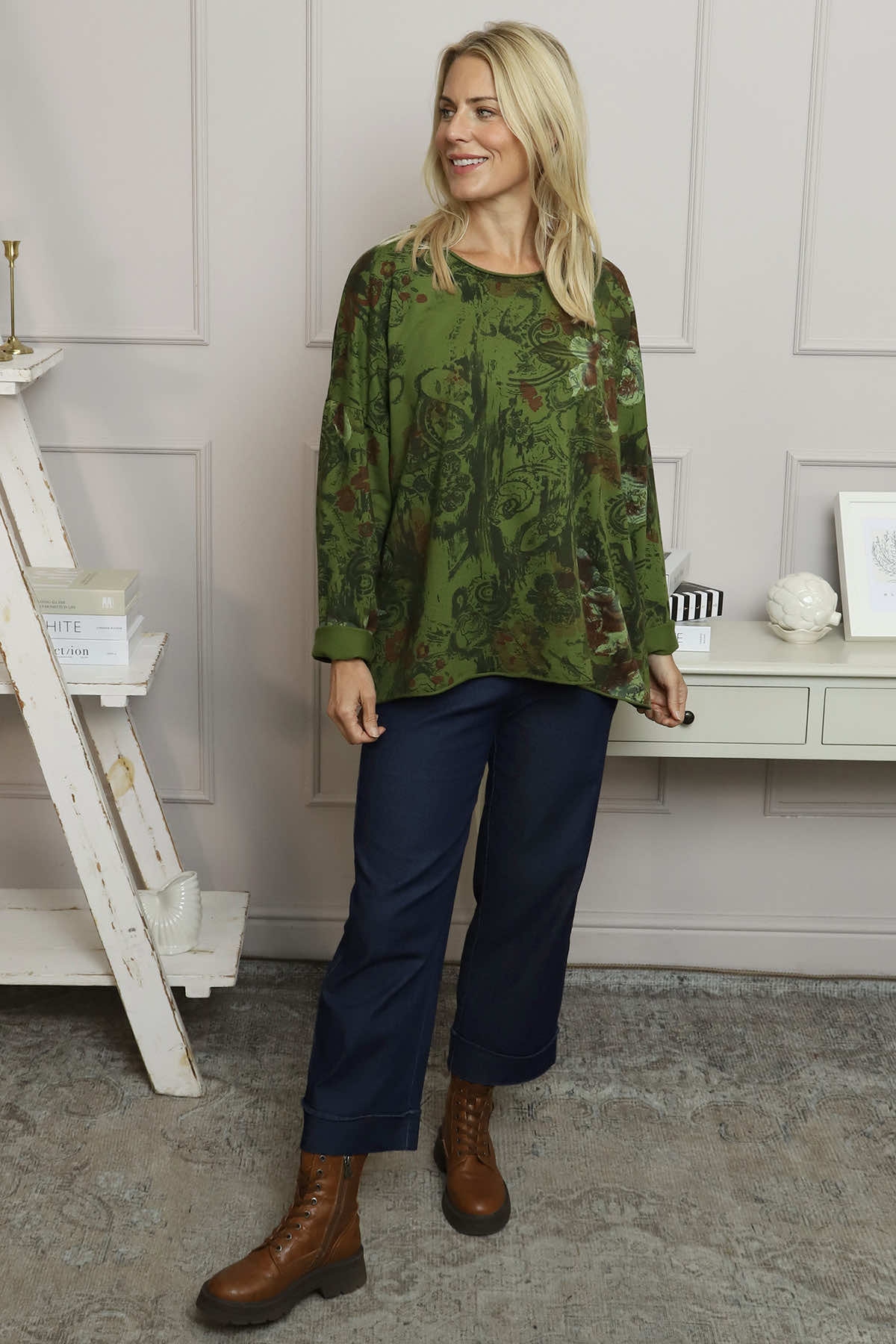 Carola Print Cotton Top Olive